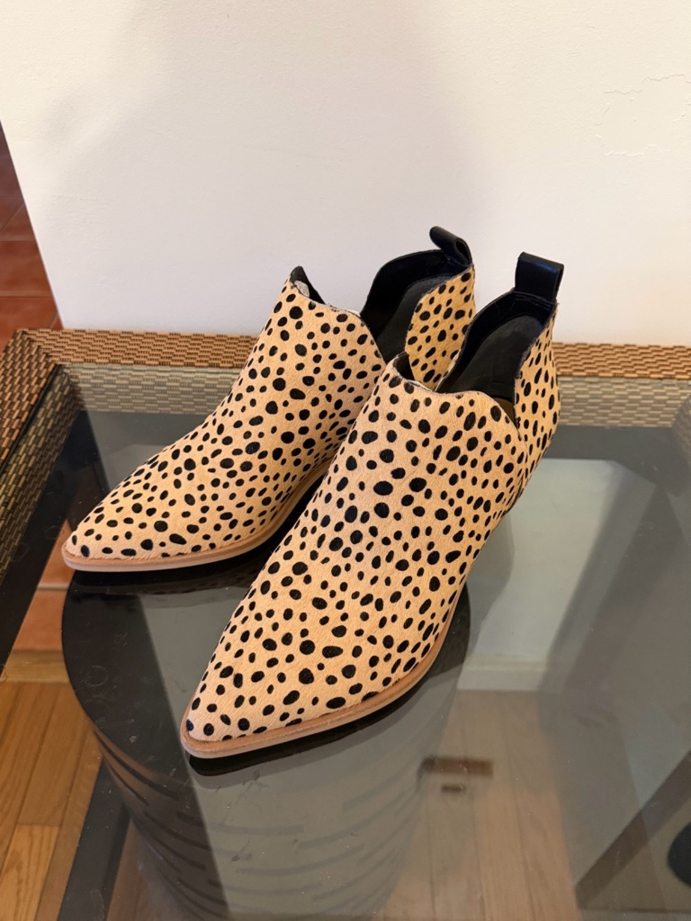 Dolce Vita Women's Leopard Print Pointed Toe Ankle Boots in Beige and Black